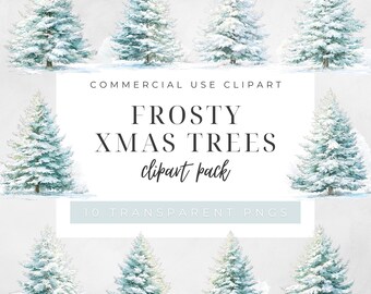 Frosty Christmas Tree Clipart, Snow Covered Winter Pine Tree PNGs, Snowy Evergreen Xmas Tree Illustrations, Holiday Forest Clip Art Pack