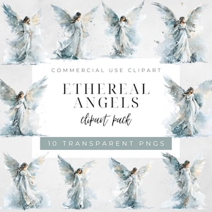 Puede incluir: Una colección de imágenes prediseñadas de ángeles en acuarela. Cada ángel está representado con un vestido blanco fluido y grandes alas emplumadas. El texto dice "ETHEREAL ANGELS clipart pack" y "10 TRANSPARENT PNGS".