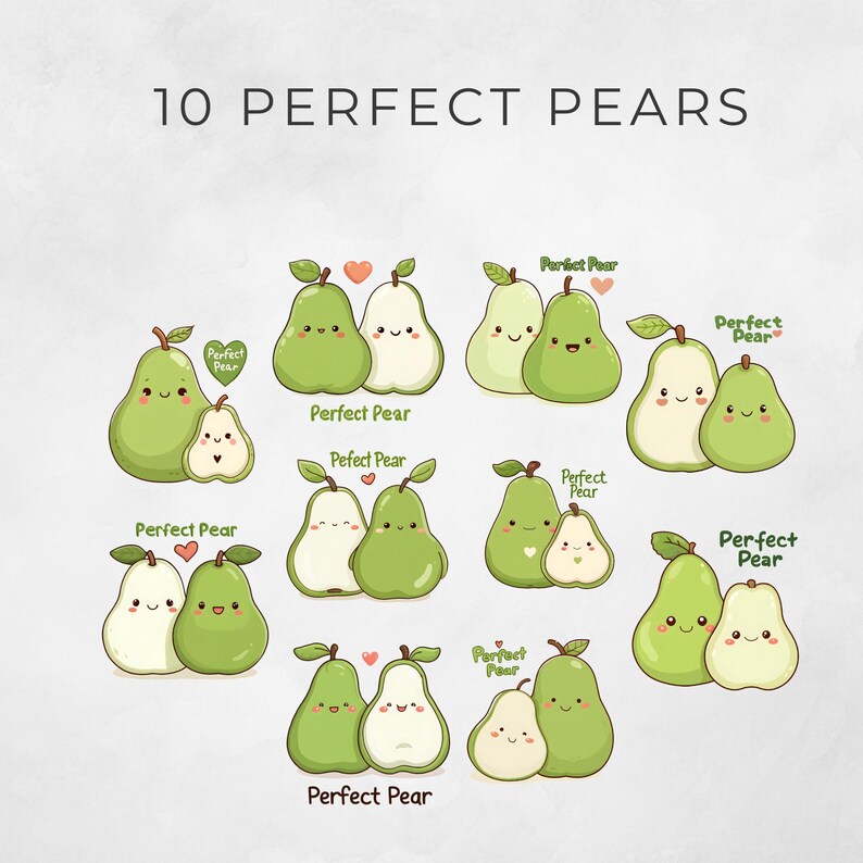 Perfect Pears Clipart Pack, Cute Kawaii Pear Pngs for Bridal Shower ...