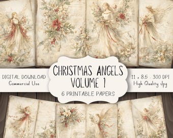 Peut inclure: Ensemble de papiers imprimables de style vintage avec des illustrations d'anges et des compositions florales. Les papiers sont destinés au téléchargement numérique et à un usage commercial. Le texte de l'image indique "Christmas Angels Volume 1" et "6 Printable Papers". Chaque papier mesure 27,9 x 21,6 cm.