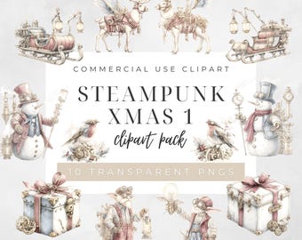 Steampunk Christmas Clipart Pack, Vintage Mechanical Xmas PNGs, Retro Holiday Steampunk Characters & Festive Gear Illustrations for Crafts