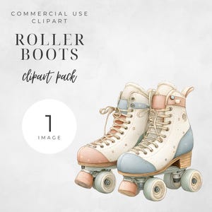 Puede incluir: Ilustración en acuarela de patines de ruedas blancos con detalles en rosa y azul, cordones beige y ruedas marrón claro. La imagen incluye el texto "COMMERCIAL USE CLIPART", "ROLLER BOOTS clipart pack", y "1 IMAGE".