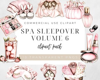 Puede incluir: Conjunto de imágenes prediseñadas de acuarela con temática de spa. La imagen incluye una paleta de sombras de ojos rosa, un bolso rosa, un frasco de perfume, un cóctel, una máscara para dormir y una mujer con rodajas de pepino en los ojos. El texto dice "SPA SLEEPOVER VOLUME 6 clipart pack".