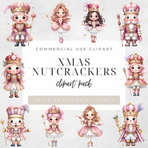 Peut inclure: Une collection de dix images clipart de casse-noisettes de Noël de style aquarelle. Les illustrations présentent des casse-noisettes et des princesses en tenues roses et dorées, avec des couronnes et des sceptres. Le texte indique "XMAS NUTCRACKERS clipart pack".