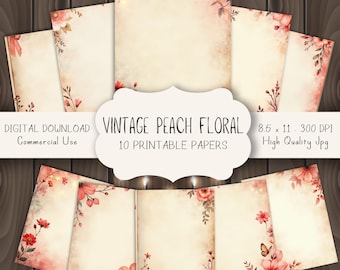 Peach Vintage Floral Junk Journal Pages, Printable Papers for Scrapbooking, Shabby Chic Floral Journal Paper, Digital Download