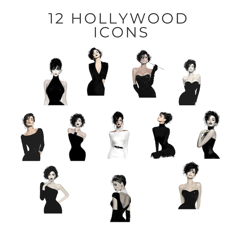 Hollywood Icons Clipart Set, Glam Vintage Fashion Ladies Pngs, Elegant ...