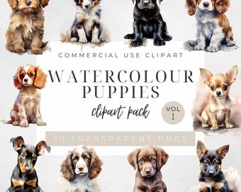 Watercolor Puppy Clipart, Cute Popular Dog Breeds, Transparent Background 300 DPI Digital Download, Commercial Use