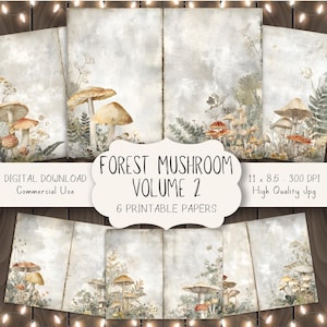 May include: A collection of six printable papers featuring watercolor illustrations of forest mushrooms and foliage. The papers have a vintage aesthetic with a neutral color palette and the text "FOREST MUSHROOM VOLUME 2" and "DIGITAL DOWNLOAD Commercial Use". Each paper is 11 x 8.5 inches.