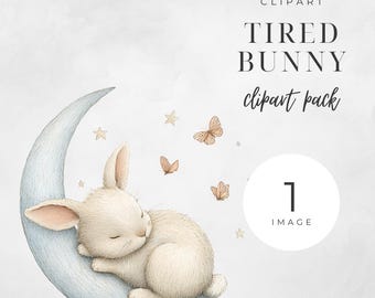 Tired Bunny Clipart, Cute Rabbit on Moon PNG, Baby Animal Illustration for Nursery Wall Art, Baby Shower, Kids Party, Scrapbooking