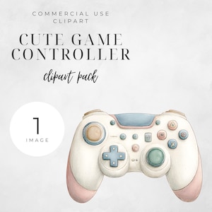 May include: Watercolor illustration of a cute game controller. The controller is white with blue, pink, and green accents. The text "CUTE GAME CONTROLLER clipart pack" is at the top. A circle with the number "1" and the word "IMAGE" is on the left.