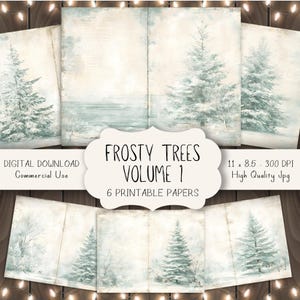 Könnte beinhalten: Eine Sammlung von sechs bedruckbaren Papieren mit Winterszenen mit gefrorenen Bäumen und einer verschneiten Landschaft. Die Papiere sind 27,9 x 21,6 cm groß und hochwertige Jpg-Dateien. Der Text auf dem Bild lautet "Frosty Trees Volume 1".
