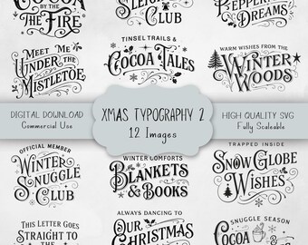 Xmas Typography Clipart Set, Vintage Holiday Lettering SVG Bundle, Festive Quote Designs & Winter Phrase Images Pack for Craft Projects