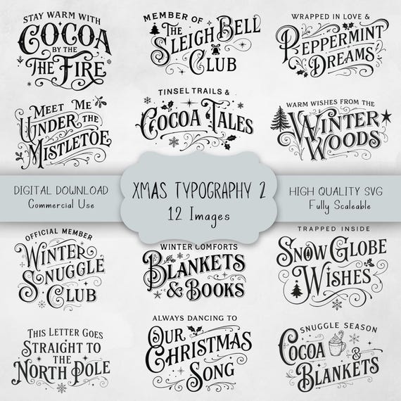 Xmas Typography Clipart Set, Vintage Holiday Lettering SVG Bundle, Festive Quote Designs & Winter Phrase Images Pack for Craft Projects