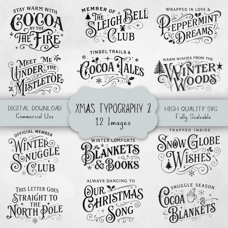 Xmas Typography Clipart Set, Vintage Holiday Lettering SVG Bundle, Festive Quote Designs & Winter Phrase Images Pack for Craft Projects image 1