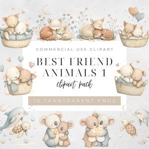 Pacote de clipart de animais melhores amigos, PNGs fofos de amizade de animais, ilustrações digitais adoráveis, gráficos transparentes para artesanato e decoração