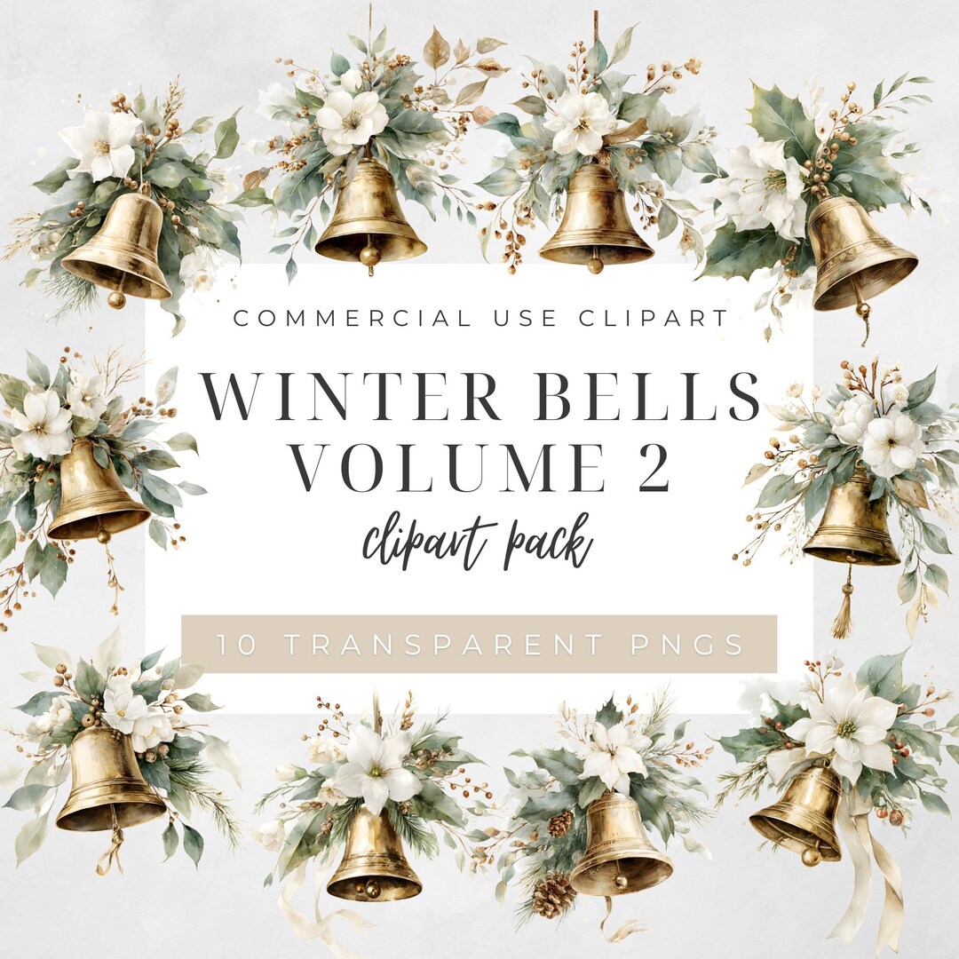 Winter Bells Xmas Clipart Set, Elegant Gold Bell Pngs, Soft Winter ...