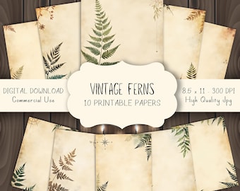 Vintage Ferns Printable Paper Pack, Antique Botanical Leaf Backgrounds, Victorian Nature Scrapbook Pages for Greenery-Themed Crafts