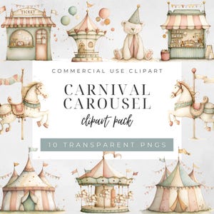 Akvarell illustrationer med karusell, karusellhäst clipart, barnrumsdekor, babyshowerkarnevalkonst, ponnyfödelsedagsgrafik, söta hästar PNG
