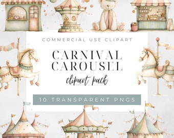 Carousel Watercolor Illustrations, Carousel Horse Clipart, Nursery Decor, Baby Shower Carnival Art, Pony Birthday Graphics, Cute Horses PNG