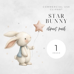 以下が含まれることがあります： 星型の風船を持った白いウサギの水彩イラスト。ウサギは水色のスカーフを着用しています。画像には「STAR BUNNY clipart pack」と「1 IMAGE」というテキストが含まれています。