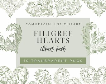 Pacchetto Clipart di cuori in filigrana, PNG romantici e ornati per matrimoni e lavori artigianali, eleganti grafiche decorative a forma di cuore per San Valentino per scrapbooking