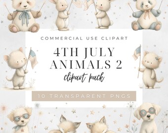 4th July Animals Clipart Set, Cute Patriotic Animal PNGs, Independence Day Celebration Illustrations, Transparent Graphics for Craft & Decor