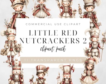 May include: Watercolor clipart pack featuring illustrations of Little Red Nutcrackers. The images include various characters in red and white uniforms, holding accessories. The text on the image reads "Little Red Nutcrackers 2 clipart pack" and "11 transparent PNGs."
