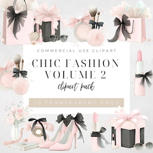 Puede incluir: Ilustración digital con elementos de moda. Incluye bolsas de regalo rosas, maquillaje, tacones altos, lápiz labial, gafas de sol y un teléfono vintage. El texto dice "CHIC FASHION VOLUME 2 clipart pack".