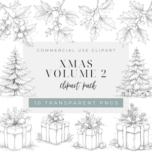 May include: A black and white Christmas clipart pack with illustrations of holly, Christmas trees, and gift boxes. The image includes the text "COMMERCIAL USE CLIPART", "XMAS VOLUME 2 clipart pack", and "10 TRANSPARENT PNGS".