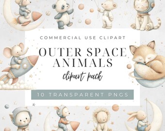 Outer Space Animals Clipart Pack, Cute Astronaut Animal PNG Set for Kids Party Invites, Nursery Decor, Scrapbook & Crafting Graphics