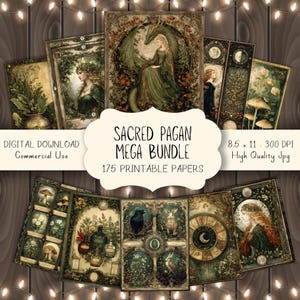 Sacred Pagan Junk Journal Kit, digitaal plakboek, afdrukbare groene heks, pagina&#39;s Mystic Moon, vintage ephemera, grimoire-collagevel