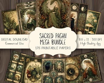 Sacred Pagan Junk Journal Kit, Digital Scrapbook Paper, Green Witch Printable, Mystic Moon Pages, Vintage Ephemera, Grimoire Collage Sheet
