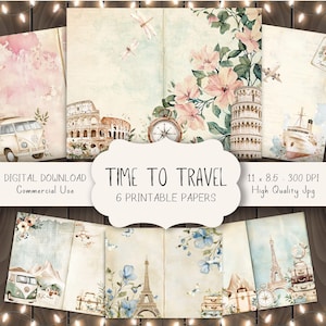 Retro Travel Junk Journal Papers, Adventure Printable Paper, Soft Floral Travel Scrapbook Pages, Traveler Notebook Paper, Paper Craft Supply