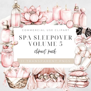 Puede incluir: Un paquete de imágenes prediseñadas digitales titulado "SPA SLEEPOVER VOLUME 5" con ilustraciones rosas con temática de spa. La imagen incluye velas, frascos de perfume, una flor de loto, una cesta de almohadas y chicas en una cama. El clipart es para uso comercial.