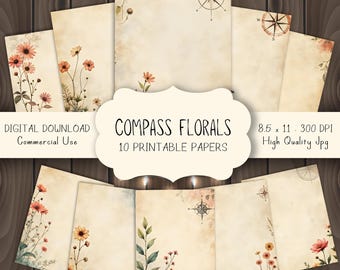 Compass Florals Printable Paper Pack, Vintage Botanical & Nautical Backgrounds, Antique Flower Scrapbook Pages for Travel-Themed Crafts