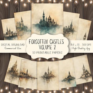 Forgotten Castles Volume 2 Printable Paper Pack, Vintage Fantasy Castle Backgrounds, Medieval Building Scrapbook Pages for Historic Crafts