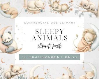 May include: Watercolor clipart pack featuring ten transparent PNGs of sleepy animals, including a fox, cat, deer, panda, koala, and lion, each resting on a crescent moon. The text reads "Sleepy Animals clipart pack".