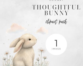 Thoughtful Bunny Clipart, Cute Rabbit PNG, Sweet Baby Bunny Illustration with Pastel Flowers, Adorable Animal Graphic for Crafts & Cards