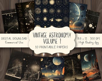 Vintage Astronomy Papers, Celestial Retro Galaxy Printable Journal Pages, Space Technical Drawing and Planet Scrapbook Backgrounds Set