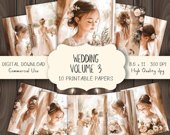 Floral Wedding Digital Papers, Romantic Bridal Backgrounds, Flower Girl Printable Paper Pack for Scrapbooking, Journals and Crafts