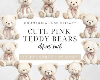 Roze teddybeer clipartset, schattige pastel beer png-bundel voor babyshower knutselen en kinderkamerkunst, zachte pluche beren met strikken transparante png