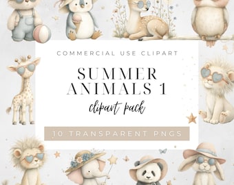夏の動物のクリップアートパック、かわいいビーチとホリデーPNGバンドル、子供向けの工作、パーティー印刷物、夏の装飾に最適なトロピカルな動物のグラフィック