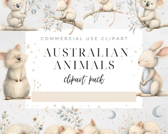 Australian Animals Clipart Pack, Cute Koala Kangaroo Quokka PNGs, Baby Wildlife Illustrations, Whimsical Outback Graphics for Crafts & Cards