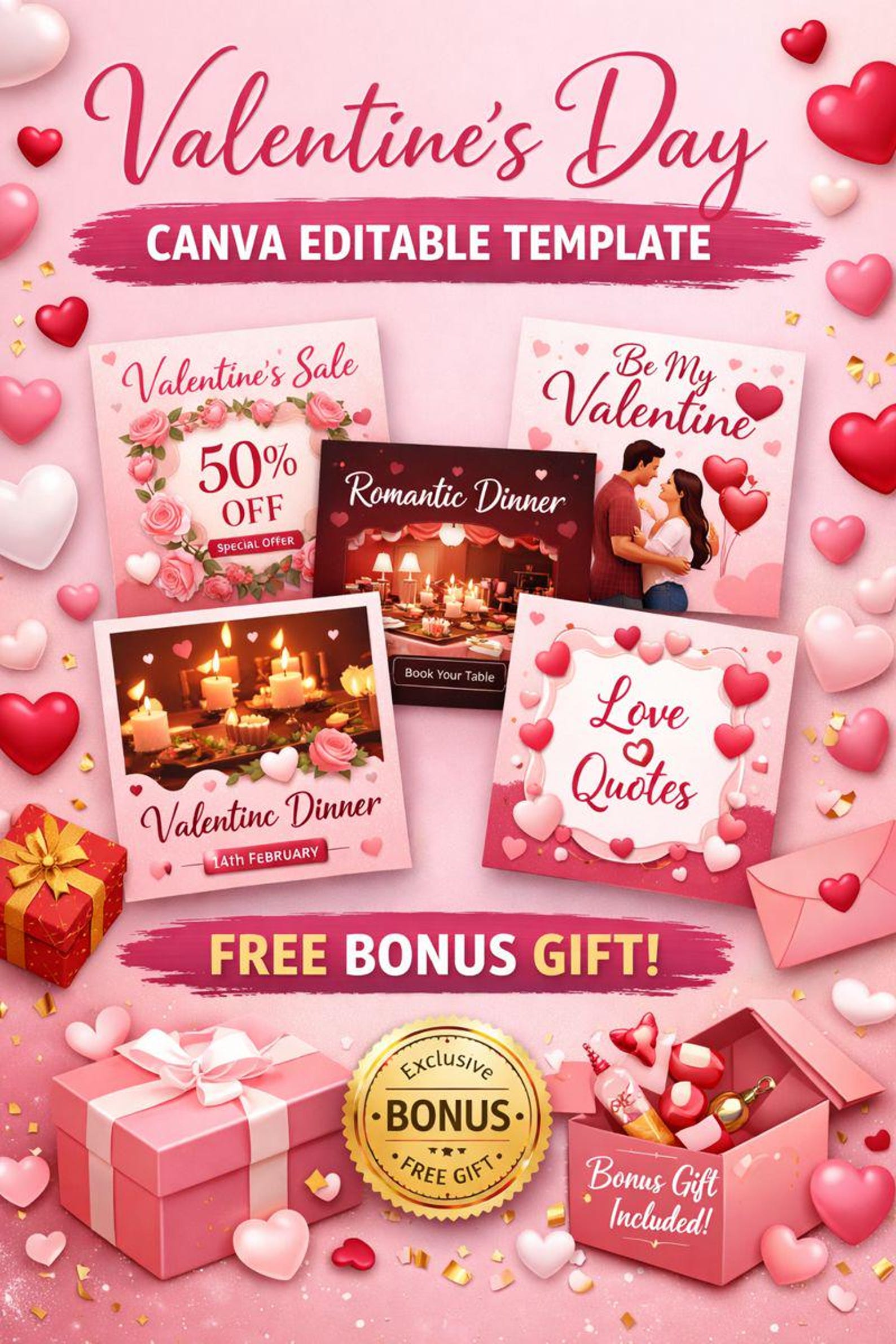 Valentine’s Day Canva Editable Template | Romantic Social Media & Card ...