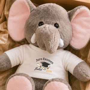 Op de afbeelding: Een grijze pluche olifant met roze oren en voetkussentjes, draagt een wit t-shirt. Het shirt heeft de tekst "Jura Examen Julia 2026" in zwart en goud. De olifant zit in een bruine doos met vloeipapier.