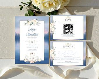 Swan Lake Wedding Invitation Set, Watercolor Swan, Romantic Suite (Digital)