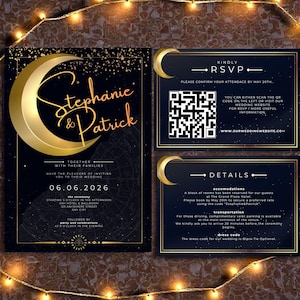 May include: Elegant wedding invitation suite with a celestial theme. The design features a gold crescent moon and stars on a navy blue background. Includes RSVP and details cards. The invitation is for Stephanie & Patrick, with the date 06.06.2026.