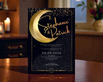 Celestial Starry Night Editable Wedding Invitation, Gold Navy Moon Stars Invitation Set (Canva Template)