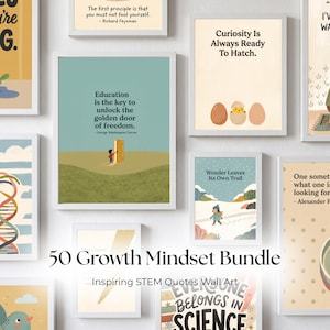 Könnte beinhalten: Eine Sammlung gerahmter Wandbilder mit verschiedenen pädagogischen Zitaten und Illustrationen. Die Drucke enthalten Texte wie Education is the key to unlock the golden door of freedom, Curiosity Is Always Ready To Hatch und Wonder Leaves Its Own Trail, präsentiert in weißen Rahmen.