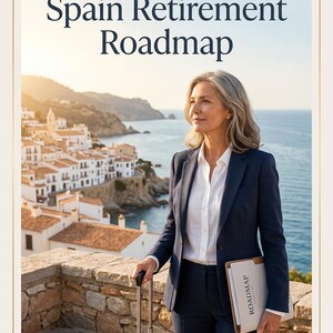 May include: A woman in a navy suit stands on a stone wall overlooking a coastal town, holding a suitcase and a folder labelled "ROADMAP". The image includes the text "Your 12-Month Spain Retirement Roadmap" and "PRINTABL HERO".